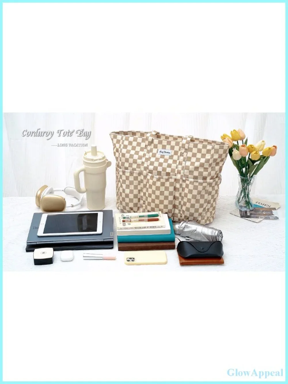 Large Corduroy Tote Bag with 16 Pockets & 40oz Cup Holder